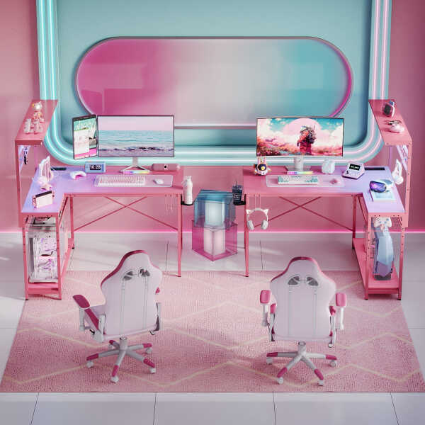 Bestier 42 inch Gaming Desk with LED Lights & Power Outlet, Reversible L Shaped Computer Desk with Hutch & Storage Shelves,