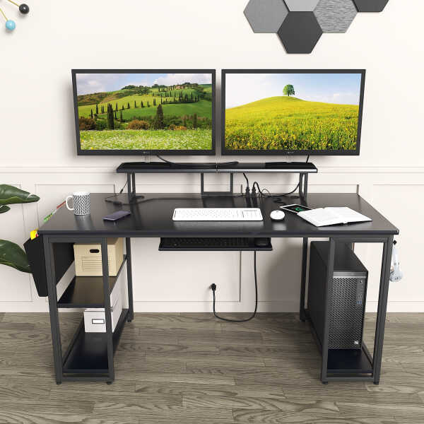 53" Gaming Desk with LED Lights & Power Outlets, Modern Computer Desk with Monitor Stand & Storage Sheves for Home Office, Black