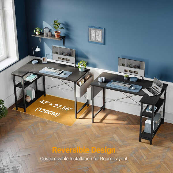 DESINO 40 Inch L-Shaped Computer Desk with Storage Shelves Home Office Corner Desk Study Writing Table, Black