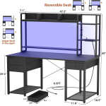 iSunirm Desk with LED Light and Power Outlet, 47.2'' Gaming Desk with Hutch, Reversible Computer Desk with Drawers, and Storage