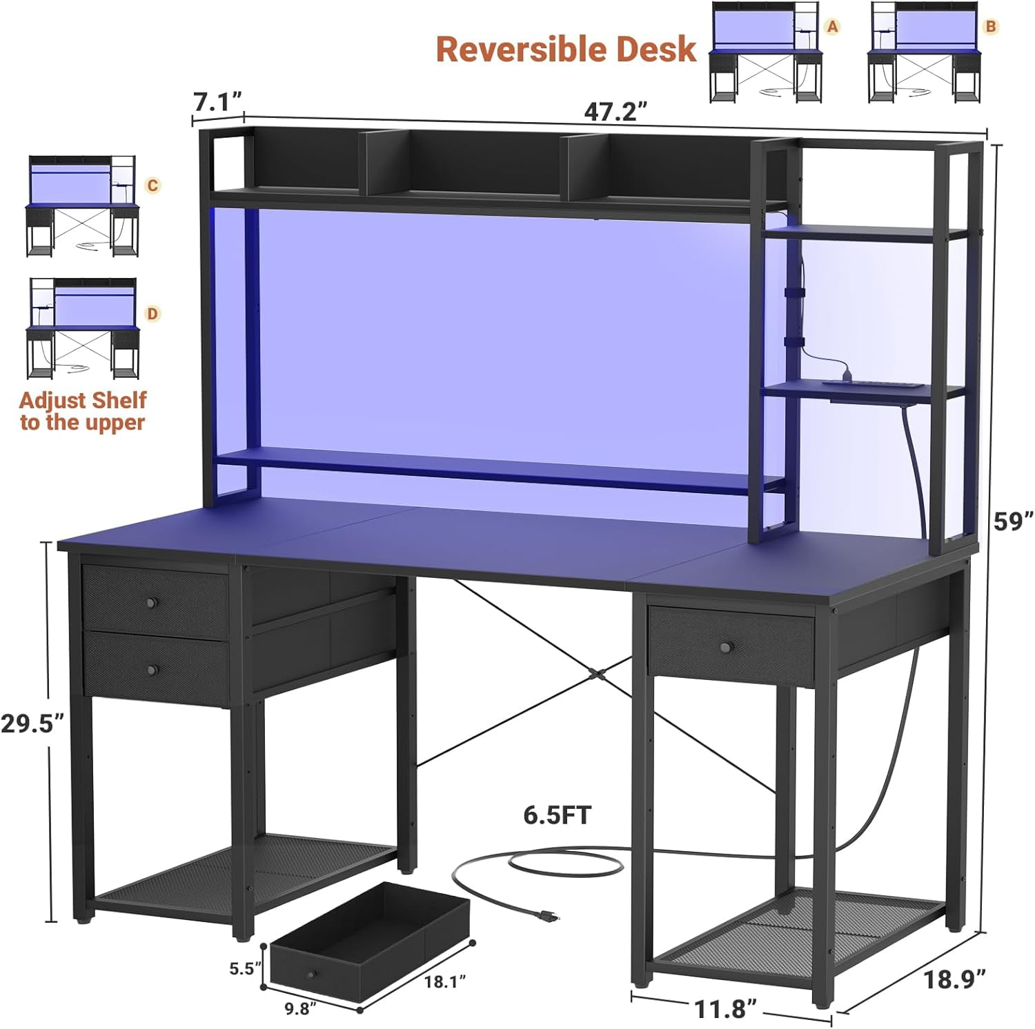 iSunirm Desk with LED Light and Power Outlet, 47.2'' Gaming Desk with Hutch, Reversible Computer Desk with Drawers, and Storage