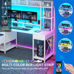 Dextrus 59.1"Computer Desk with Power Outlets & Hutch, Office Desk with Storage Shelves & Drawers with Lock, Gaming Desk with