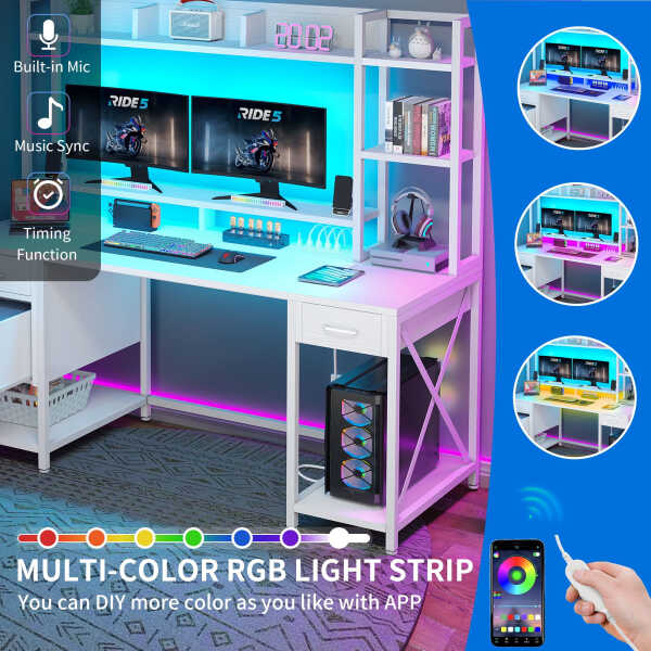 Dextrus 59.1"Computer Desk with Power Outlets & Hutch, Office Desk with Storage Shelves & Drawers with Lock, Gaming Desk with