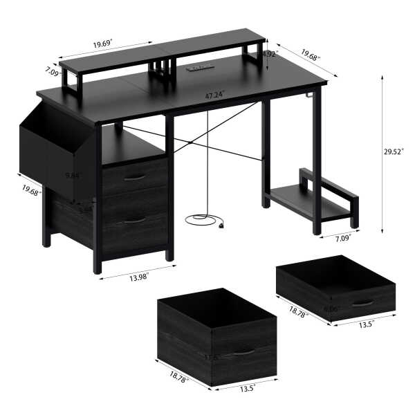 Furnibear Computer Desk with Drawer and Power Outlets, 47" Office Desk with 2 Monitor Stands and Fabric File Cabinet for Home