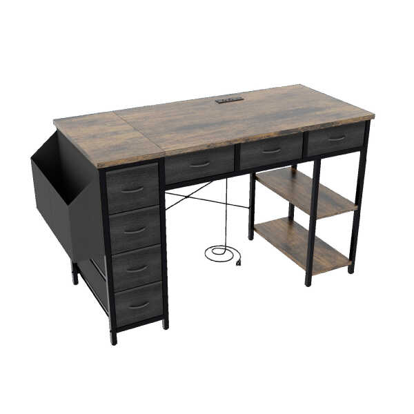 47" Computer Desk With Power Outlet,Writing Desk with 7 Fabric Drawers,Vanity table Drawers and Large Side Pocket,Rustic Brown