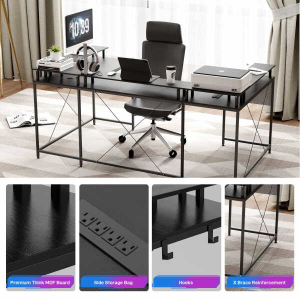 Towallmark Reversible 79" U Shaped Gaming Desk Office Corner Computer PC Home Desk With LED Light Strip Power Outlet Monitor
