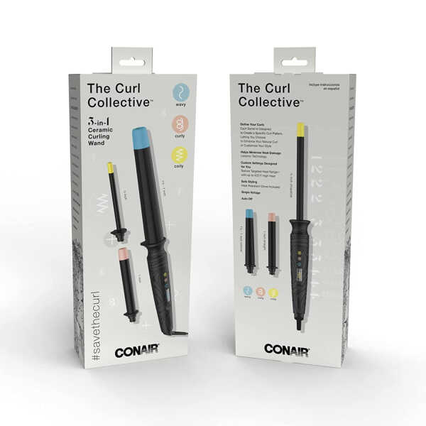 Conair The Curl Collective 3-in-1 Ceramic Curling Wand, 3 Interchangeable Barrels Designed, 1-inch, and 1 1/4-inch to 1-inch