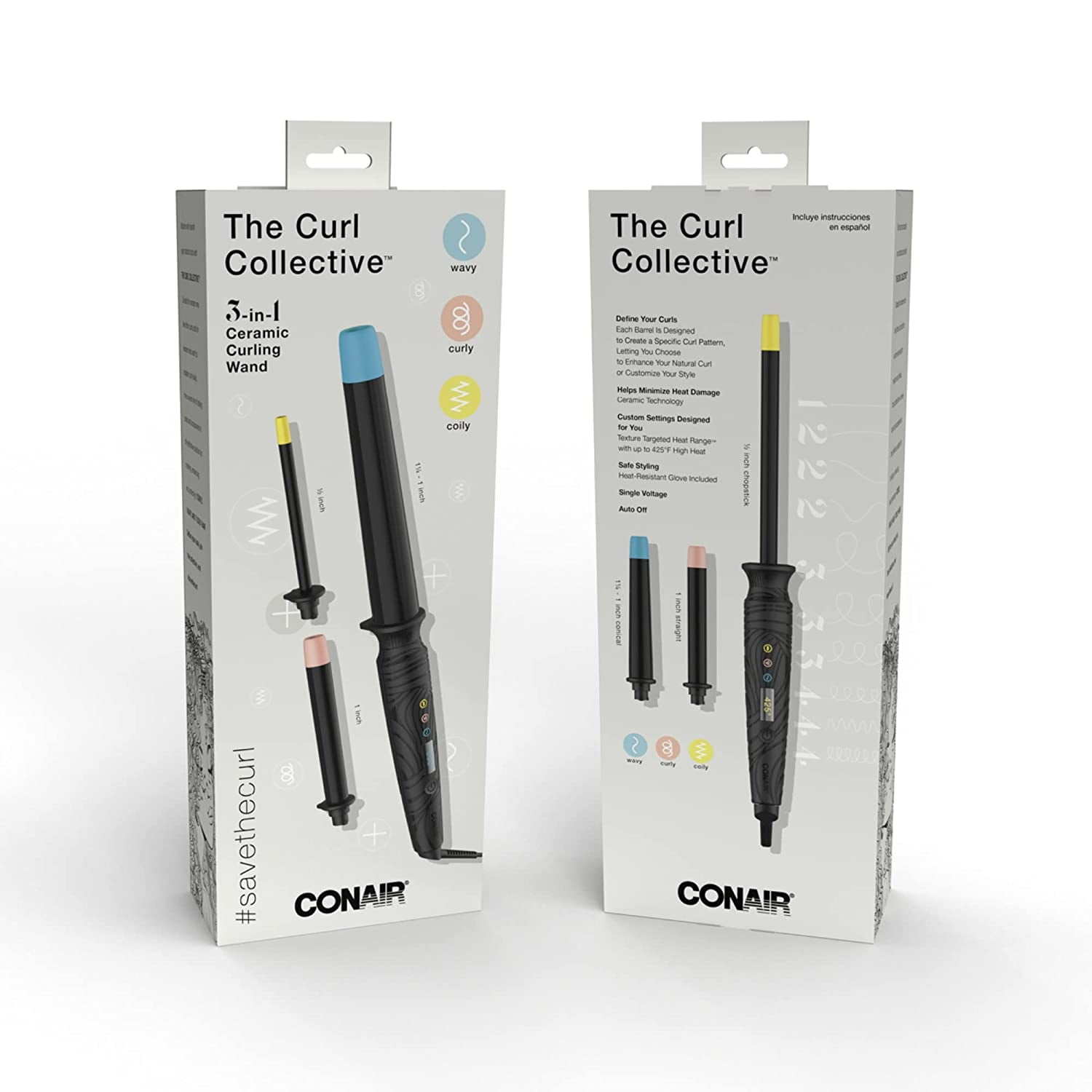 Conair The Curl Collective 3-in-1 Ceramic Curling Wand, 3 Interchangeable Barrels Designed, 1-inch, and 1 1/4-inch to 1-inch