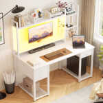 iSunirm Desk with LED Light and Power Outlet, 47.2'' Gaming Desk with Hutch, Reversible Computer Desk with Drawers, and Storage