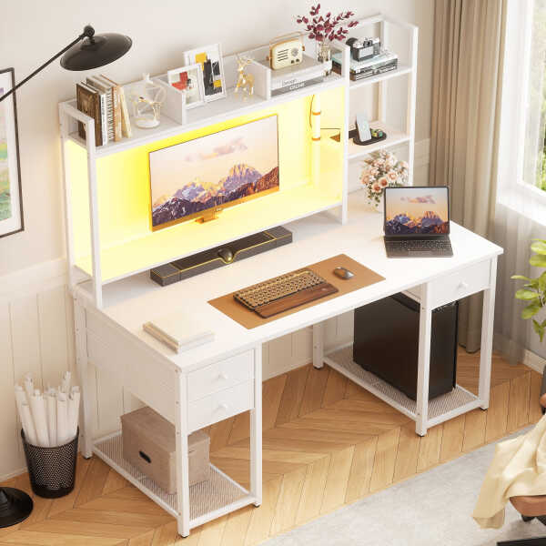 iSunirm Desk with LED Light and Power Outlet, 47.2'' Gaming Desk with Hutch, Reversible Computer Desk with Drawers, and Storage