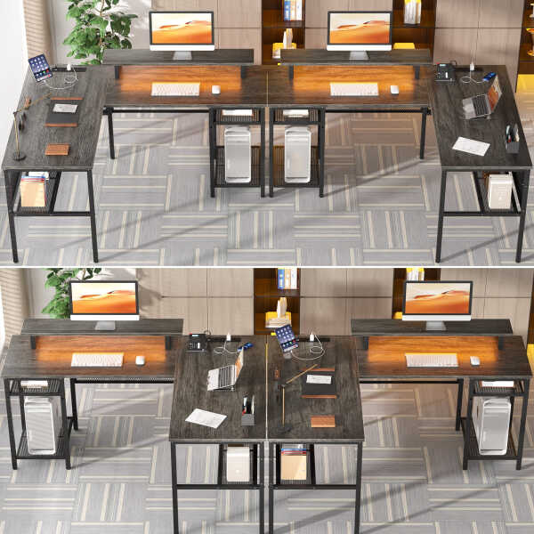 Homieasy L Shaped Computer Desk with Magic Power Outlets and Smart LED Light, Reversible 55 Inch Corner Office Desk with Monitor