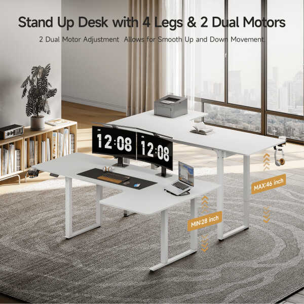 63x43 Inches L Shaped Standing Desk, Electric L Stand Up Desk with 4 Legs, Adjustable Height from 28-46 Inches for Home and