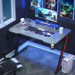 Homall 44 Inches Z-Shaped Gaming Desk Carbon Fiber Surface Desk with Cup Holder & Headphone Hook, Black