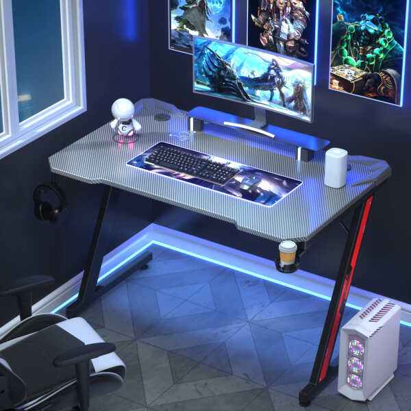 Homall 44 Inches Z-Shaped Gaming Desk Carbon Fiber Surface Desk with Cup Holder & Headphone Hook, Black