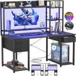 iSunirm Desk with LED Light and Power Outlet, 47.2'' Gaming Desk with Hutch, Reversible Computer Desk with Drawers, and Storage