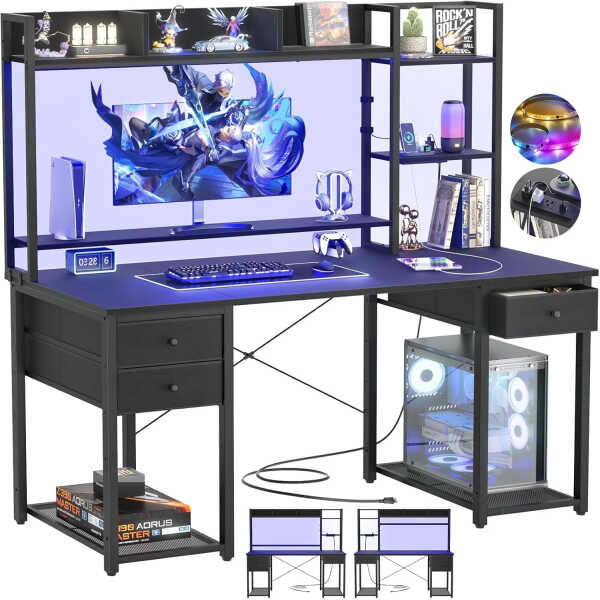 iSunirm Desk with LED Light and Power Outlet, 47.2'' Gaming Desk with Hutch, Reversible Computer Desk with Drawers, and Storage