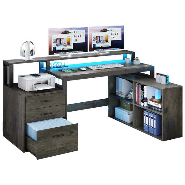 Dextrus 65" L Shaped Desk with Power Outlets and Monitor Stand , Computer Desk with LED Light &File Cabinet, Corner Desk with 3