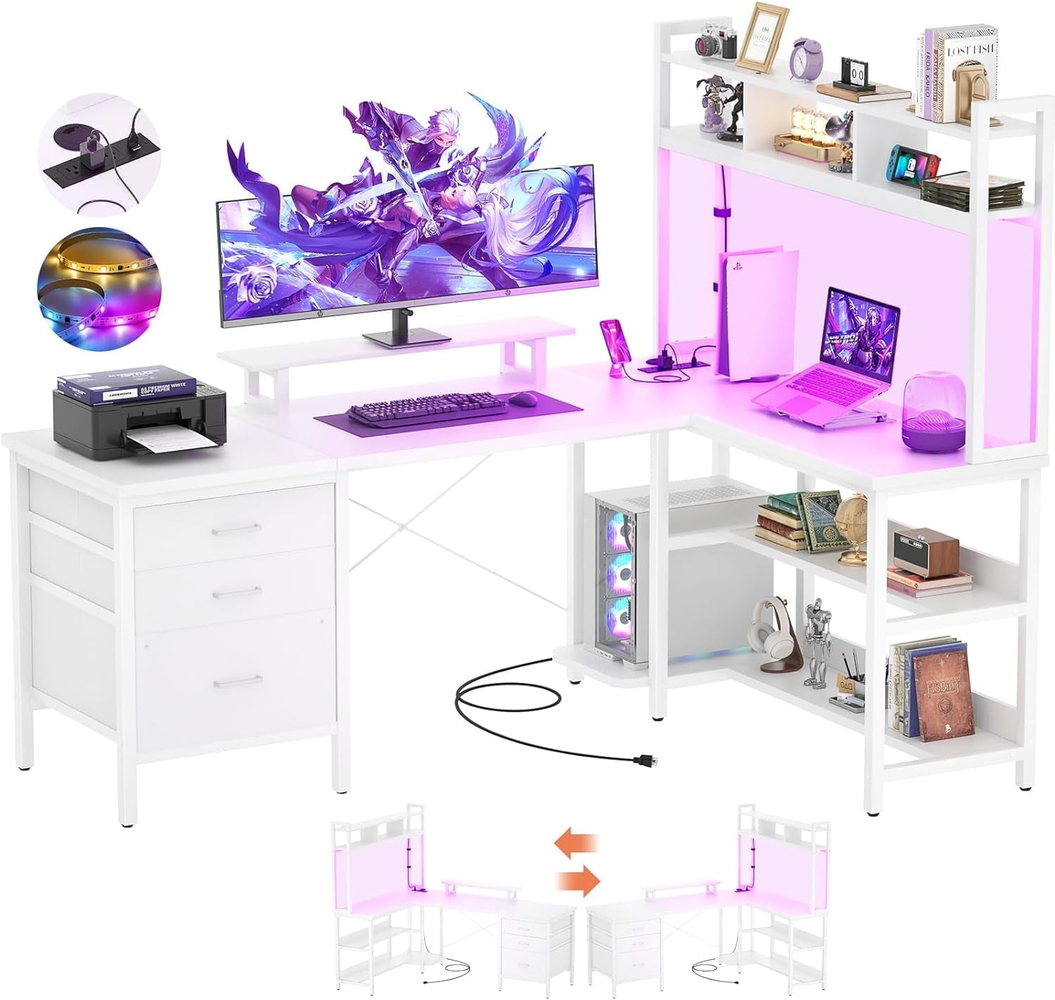 iSunirm L Shaped Gaming Desk with Storage, Computer Gaming Desk with LED Lights & Hutch, Reversible Computer Desk with Power
