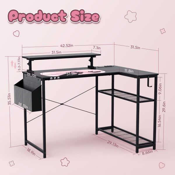 Dowinx 43" L-Shaped Gaming Desk Cute with Cat Accessories, Corner Desk with Power Outlet & Monitor Shelf for Adult and Girl,