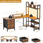 iSunirm L Shaped Gaming Desk with Storage, Computer Gaming Desk with LED Lights & Hutch, Reversible Computer Desk with Power