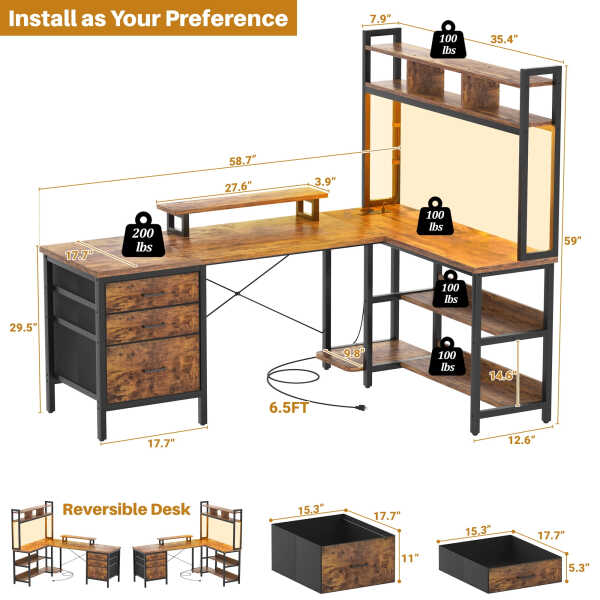 iSunirm L Shaped Gaming Desk with Storage, Computer Gaming Desk with LED Lights & Hutch, Reversible Computer Desk with Power