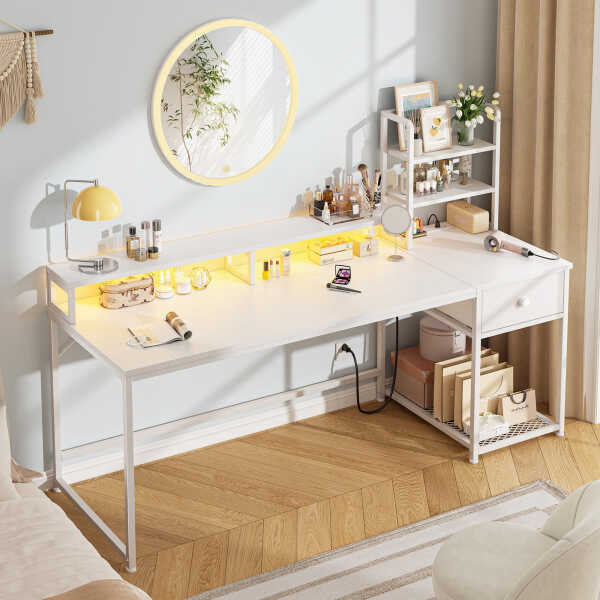 EnHomee 43.3" Gaming Desk with LED Lights & Power Outlets, Computer Desk with Drawers, Home Office Desks with Reversible Shelves