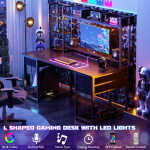 iSunirm Desk with LED Light and Power Outlet, 47.2'' Gaming Desk with Hutch, Reversible Computer Desk with Drawers, and Storage