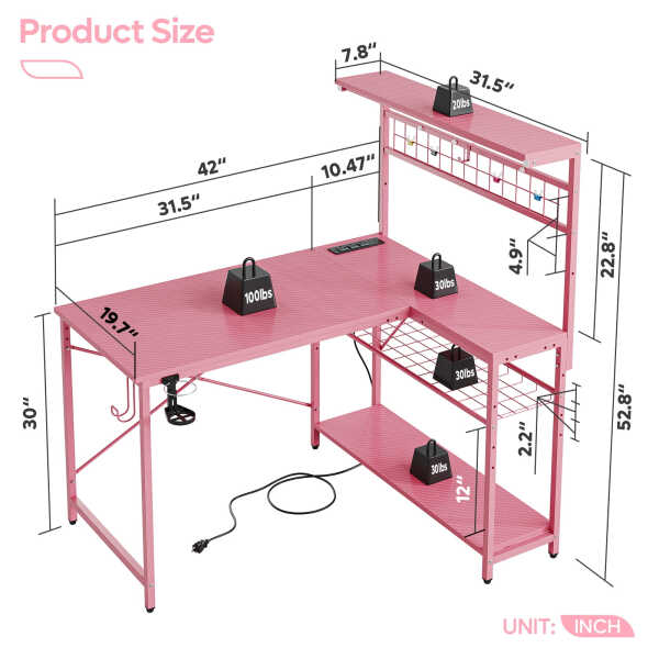 Bestier 42 inch Gaming Desk with LED Lights & Power Outlet, Reversible L Shaped Computer Desk with Hutch & Storage Shelves,