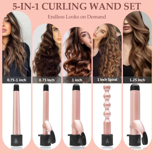 5 In 1 Curling Iron Set, Hair Curling Wand Set with 5 Interchangeable Barrel Curling Wand (0.75"-1.25"), Bubble Wand, Tapered