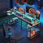 Pinmoco 42" Reversible L-Shaped Gaming Desk with Monitor Stand, LED Lights& Headset Hooks, Home Office, Carbon Fiber Black