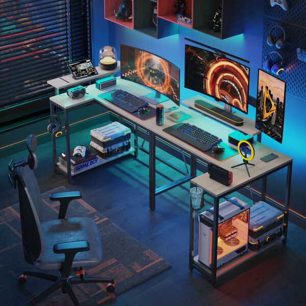 Pinmoco 42" Reversible L-Shaped Gaming Desk with Monitor Stand, LED Lights& Headset Hooks, Home Office, Carbon Fiber Black