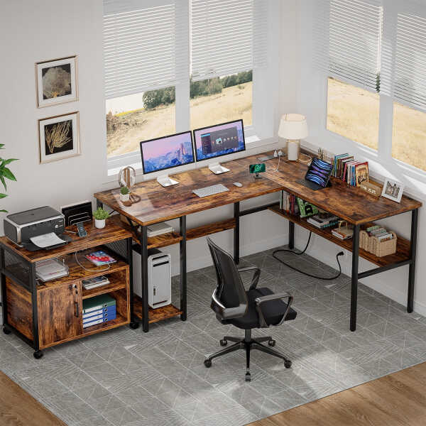 Homieasy Reversible L Shaped Desk with Magic Power Outlets and USB Charging Ports, Sturdy Corner Computer Desk with Storage