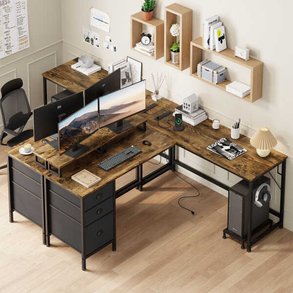 GIKPAL L Shaped Computer Desk, Reversible Gaming Desk with Drawers, Corner Desk with Storage Shelves & Monitor Stand, Home