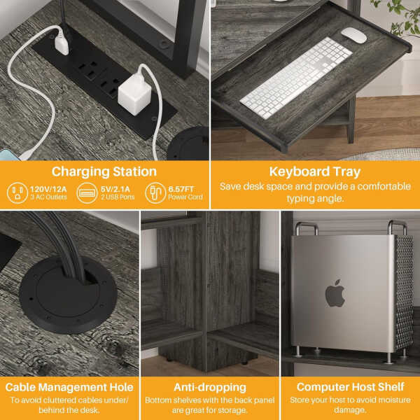 Homieasy Corner Computer Desk with Power Outlets & LED Light, Corner Desk with Hutch, Triangle Gaming Desk with Keyboard Tray,