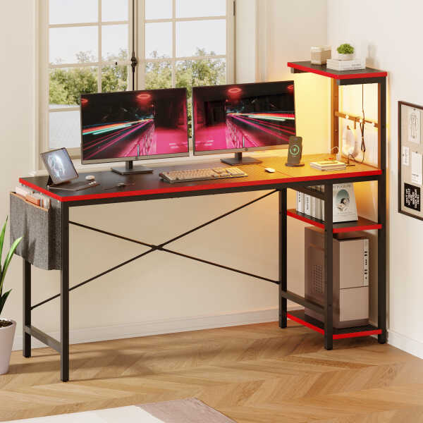 Bestier 61" Reversible Gaming Desk with PC Shelf Computer Desk with LED Light Carbon Fiber