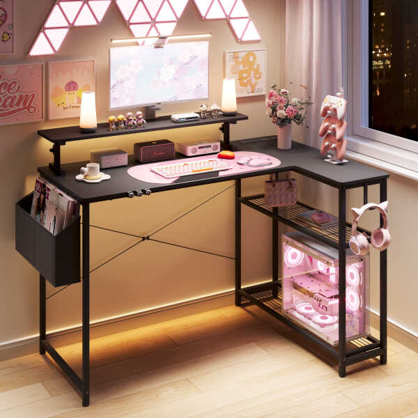 Dowinx 43" L-Shaped Gaming Desk Cute with Cat Accessories, Corner Desk with Power Outlet & Monitor Shelf for Adult and Girl,