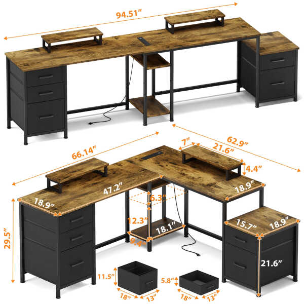 GIKPAL L Shaped Computer Desk, Reversible Gaming Desk with Drawers, Corner Desk with Storage Shelves & Monitor Stand, Home