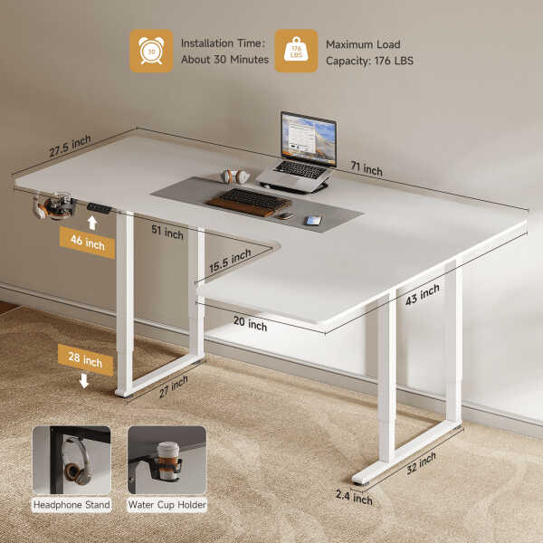 63x43 Inches L Shaped Standing Desk, Electric L Stand Up Desk with 4 Legs, Adjustable Height from 28-46 Inches for Home and