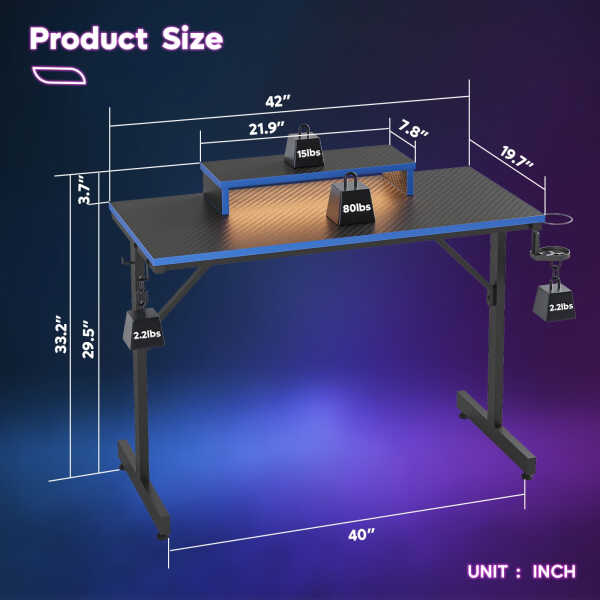 Bestier 42" Gaming Desk PC Computer Office Gamer Table Desk with LED Lights & Monitor Stand in Red