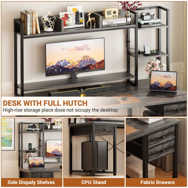 iSunirm Desk with LED Light and Power Outlet, 47.2'' Gaming Desk with Hutch, Reversible Computer Desk with Drawers, and Storage