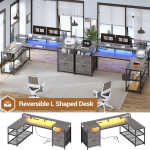 67" L Shaped Desk with Drawers, Computer Office Desk with Storage Shelves & Power Outlet, Reversible Gaming Desk with LED Lights
