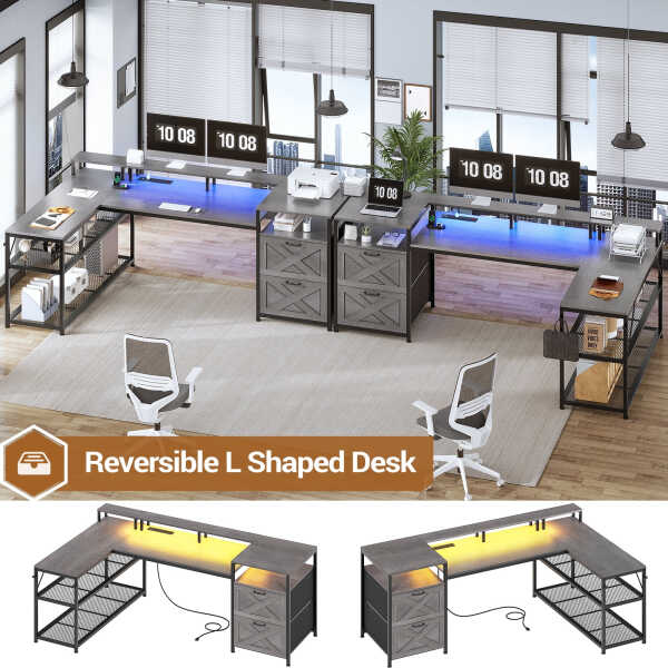 67" L Shaped Desk with Drawers, Computer Office Desk with Storage Shelves & Power Outlet, Reversible Gaming Desk with LED Lights