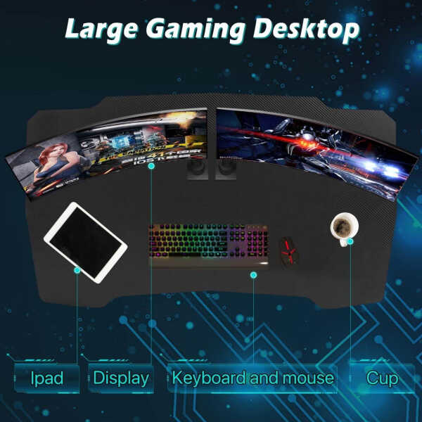 NiamVelo 47 inch Gaming Desk, Z-Shaped PC Computer Table Ergonomic Gamer Workstation with Headphone Hook for Home Office, Red