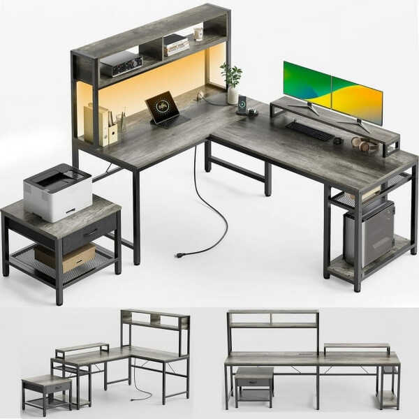 CHITOOMA 67 Inch Reversible L-Shaped Computer Desk Gaming Desk with Power Outlets,USB Ports,LED Strip,Storage Shelves & Monitor