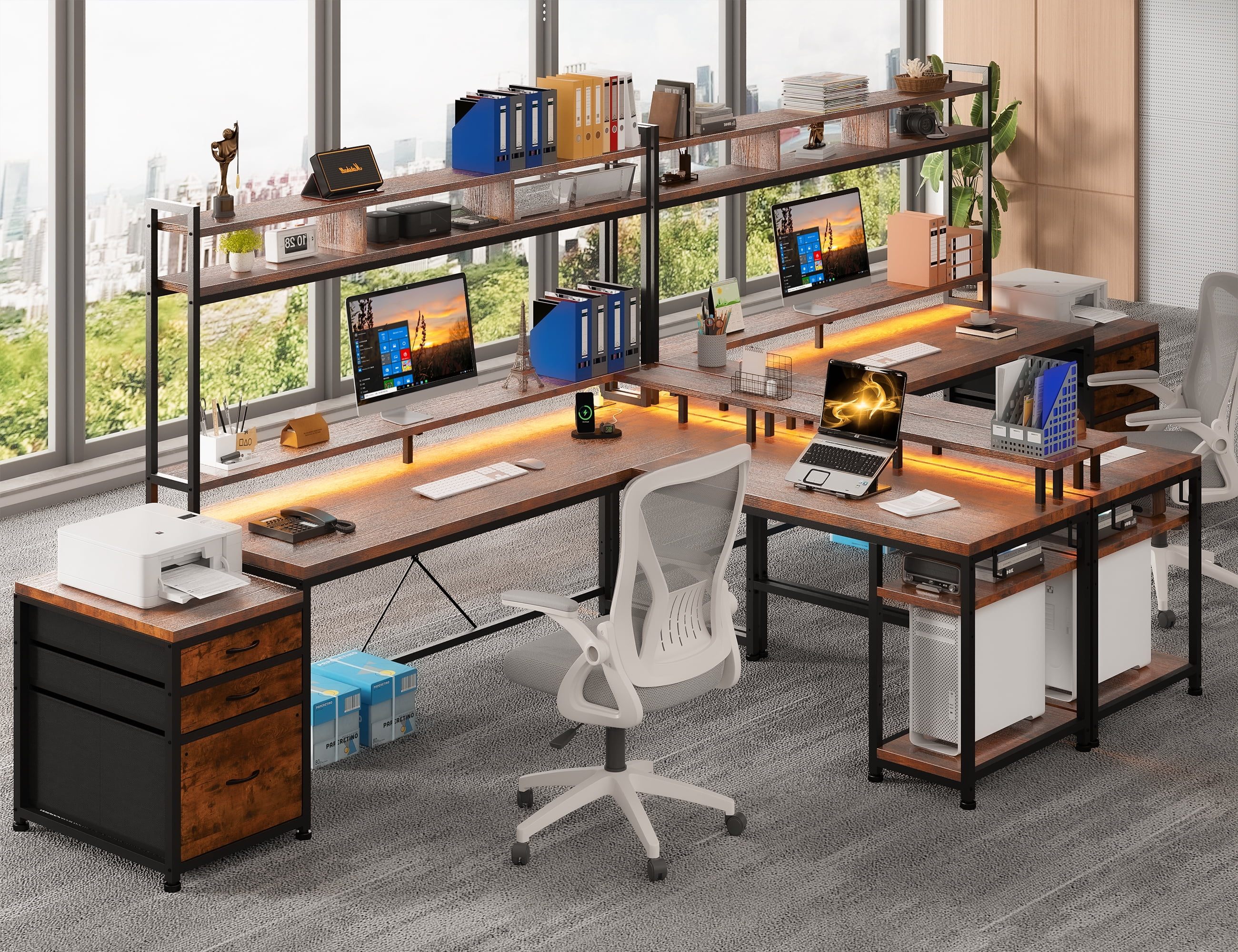 Enhomee L Shaped Desk, Gaming Desks with Power Outlet & LED Light Computer Deskwith Drawers & Storage Shelves Black