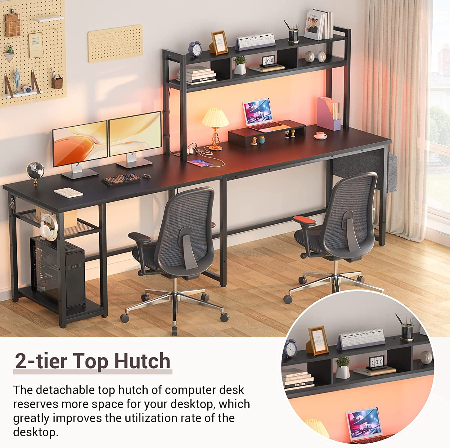 Homieasy L Shaped Desk with Power Outlet & USB Ports, 86.6'' Reversible L-Shaped Gaming Desk with Monitor Stand & LED Strip, 2