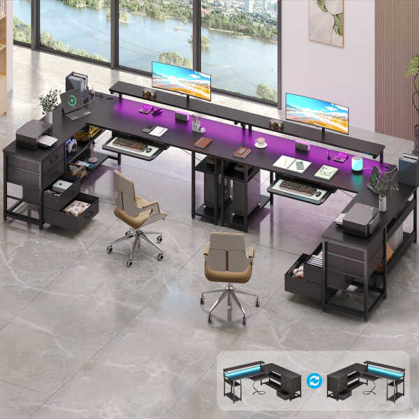 KKL 61 inch L Shaped Gaming Desk with 4 Drawers & Power Outlets, Home Office Desk with Adjustable Heights Monitor Stand &