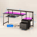 55 Inch Reversible Gaming Desk with Power Outlets and LED Light, Office Desk with File Cabinet & Drawer, Computer Desk with