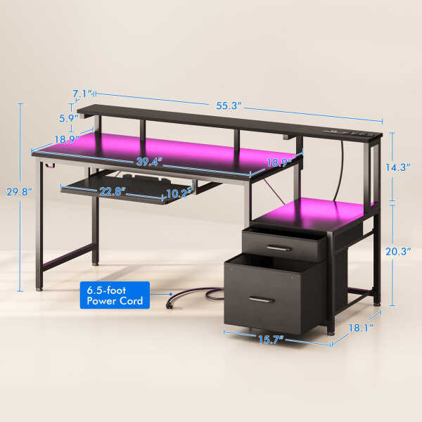 55 Inch Reversible Gaming Desk with Power Outlets and LED Light, Office Desk with File Cabinet & Drawer, Computer Desk with