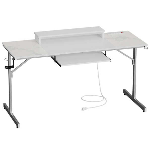 Bestier 63" Gaming Desk with LED Lights & Power Outlets, Computer Desk with Monitor Stand & Keyboard Tray for Home Office,